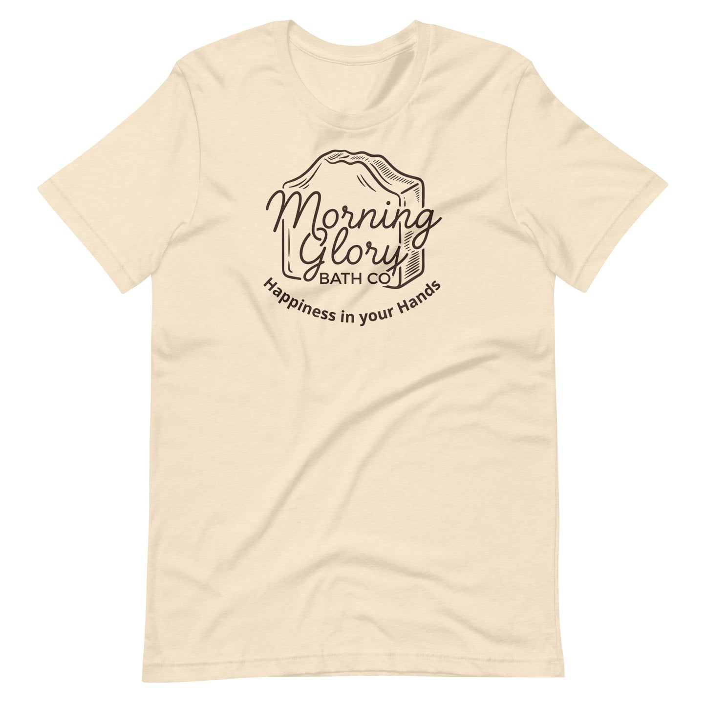 Heather Natural Morning Glory t-shirt with brown soap loaf logo and Happiness in your Hands text