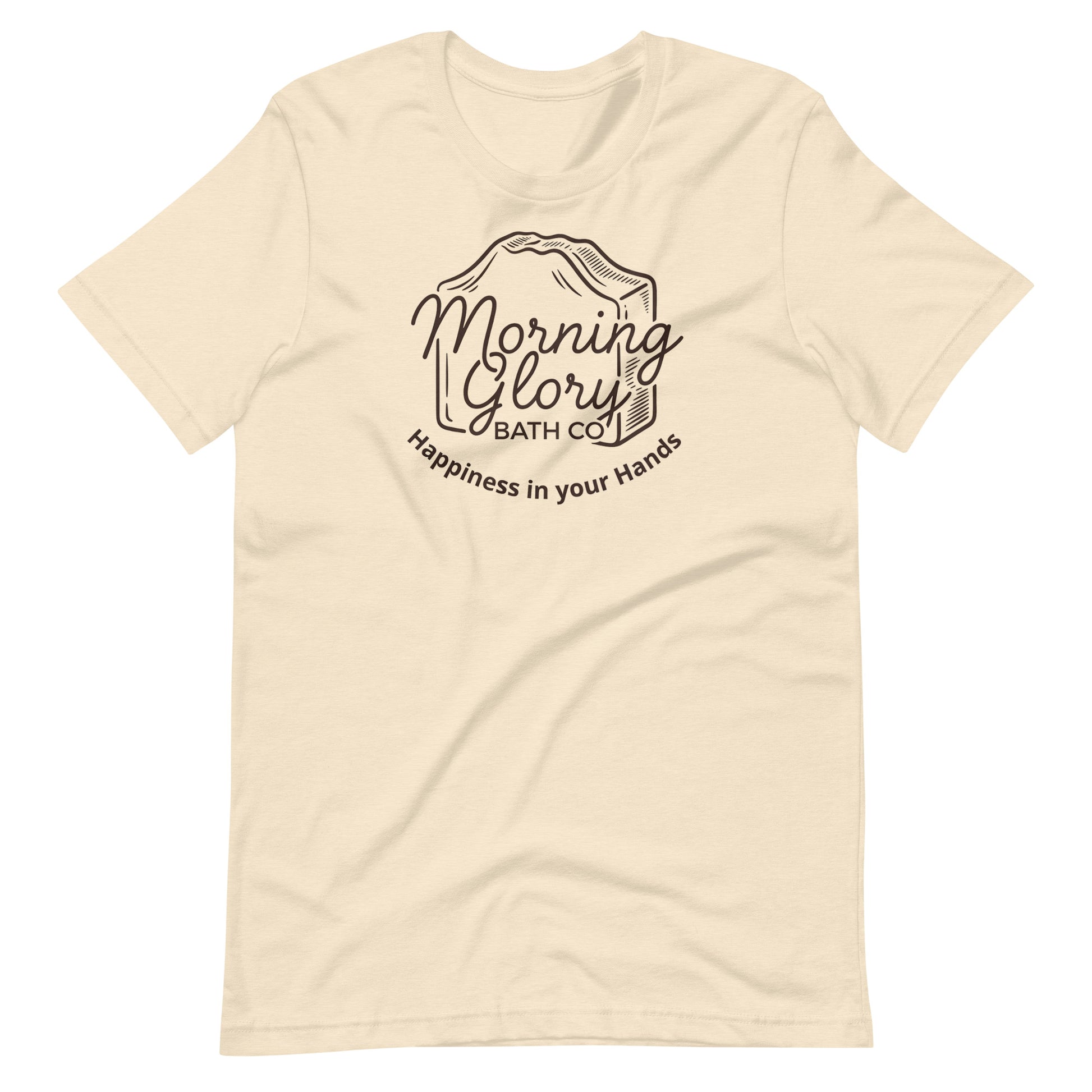 Heather Natural Morning Glory t-shirt with brown soap loaf logo and Happiness in your Hands text