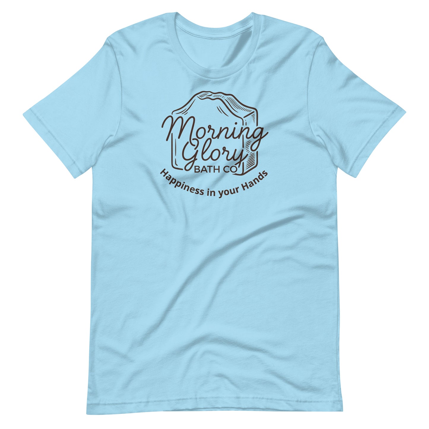 Ocean Blue Morning Glory t-shirt with brown soap loaf logo and Happiness in your Hands text