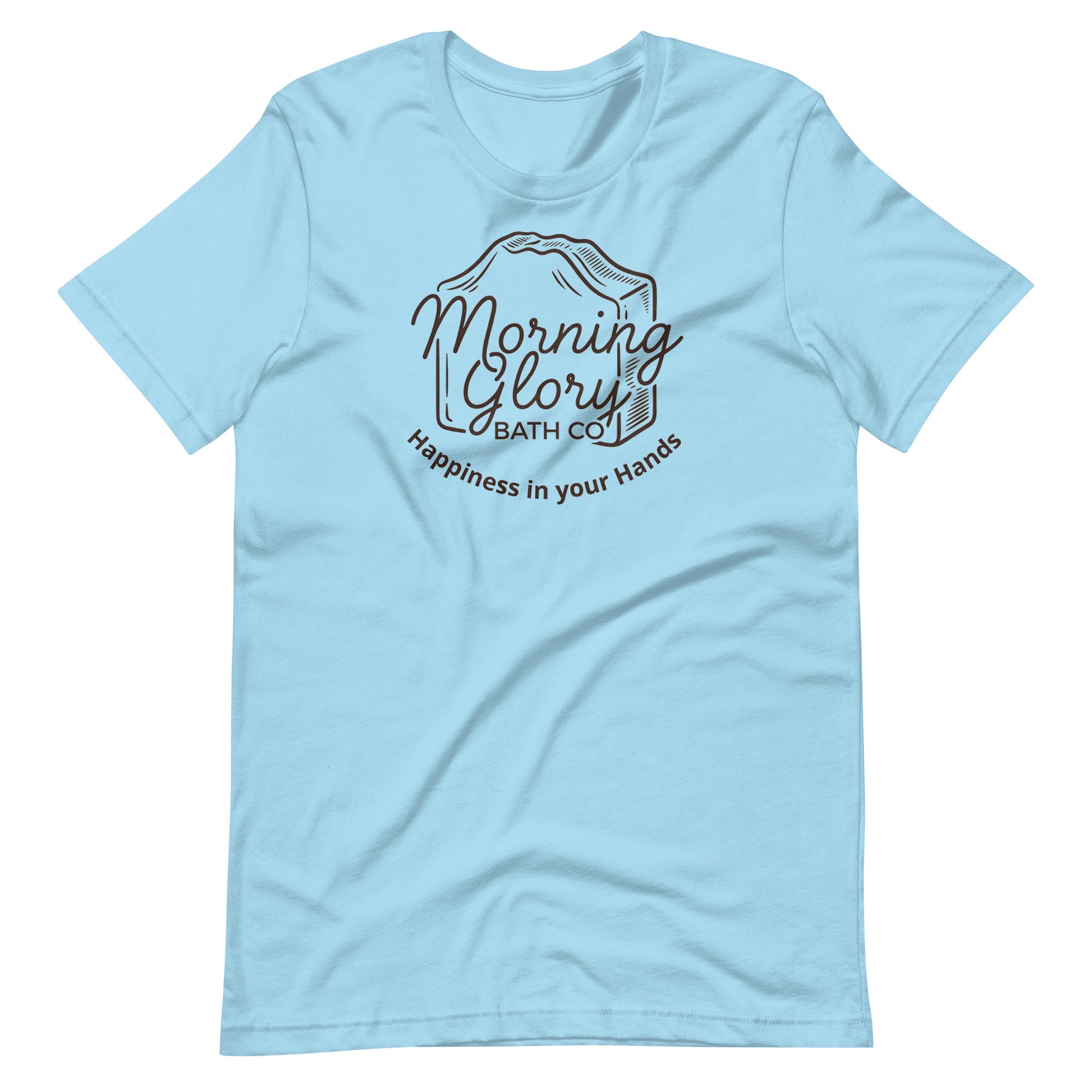 Ocean Blue Morning Glory t-shirt with brown soap loaf logo and Happiness in your Hands text