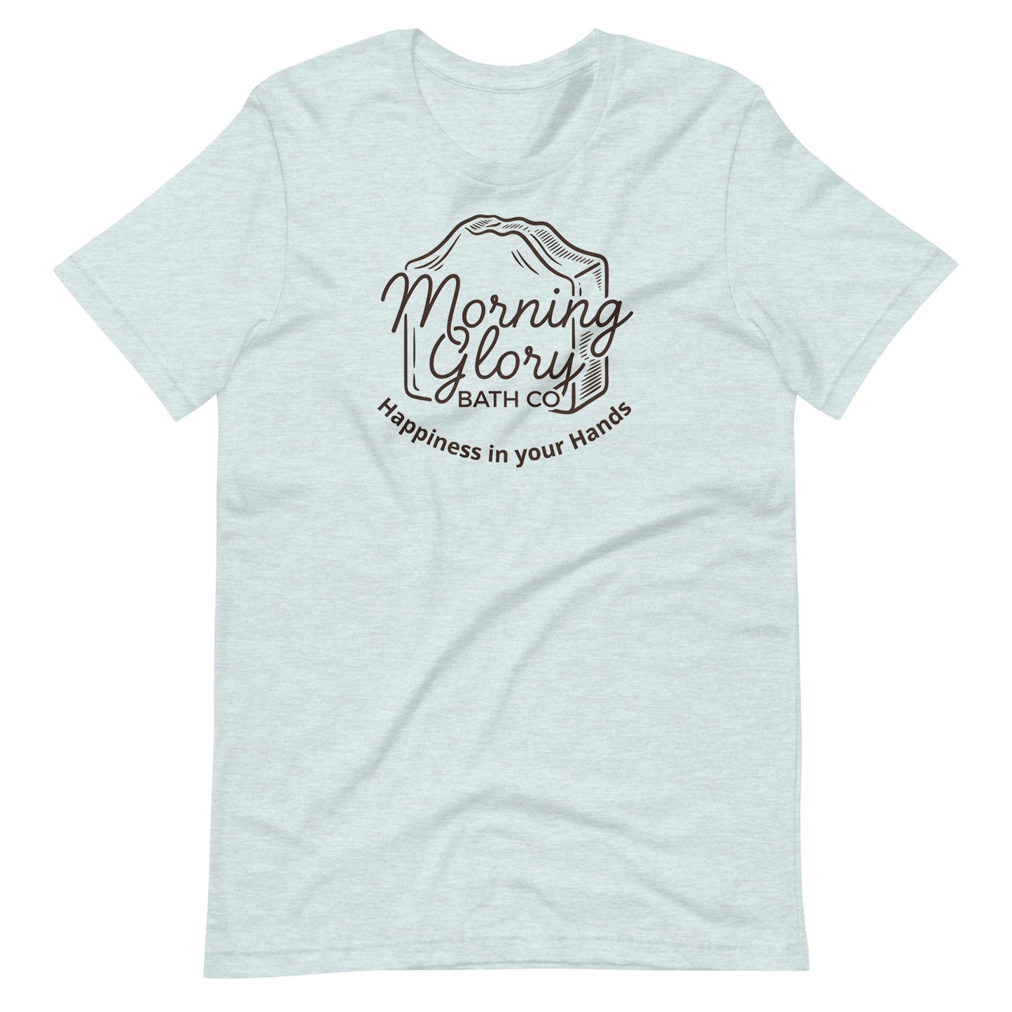Heather Prism Ice Blue Morning Glory t-shirt with brown soap loaf logo and Happiness in your Hands text