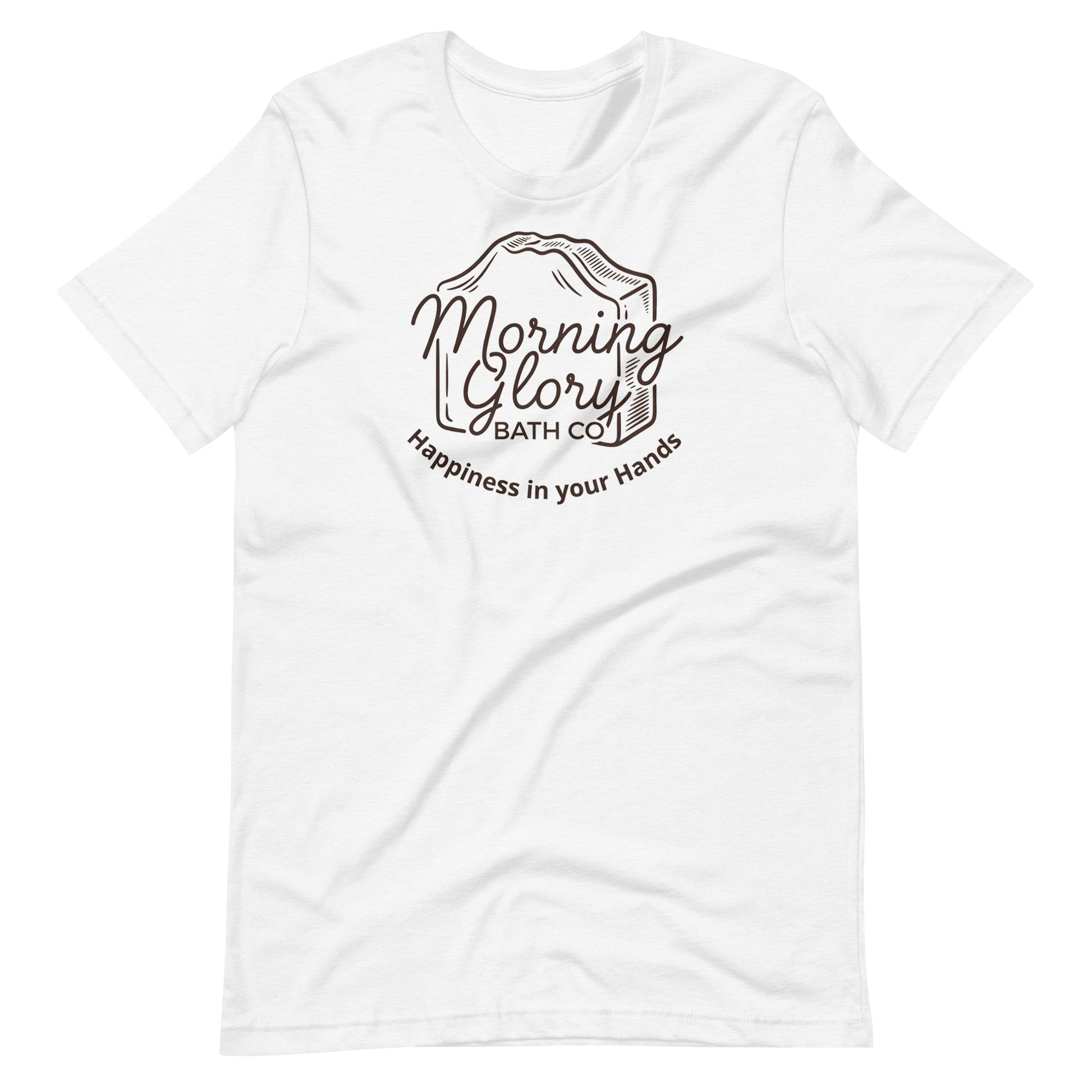 Solid White Blend Morning Glory t-shirt with brown soap loaf logo and Happiness in your Hands text