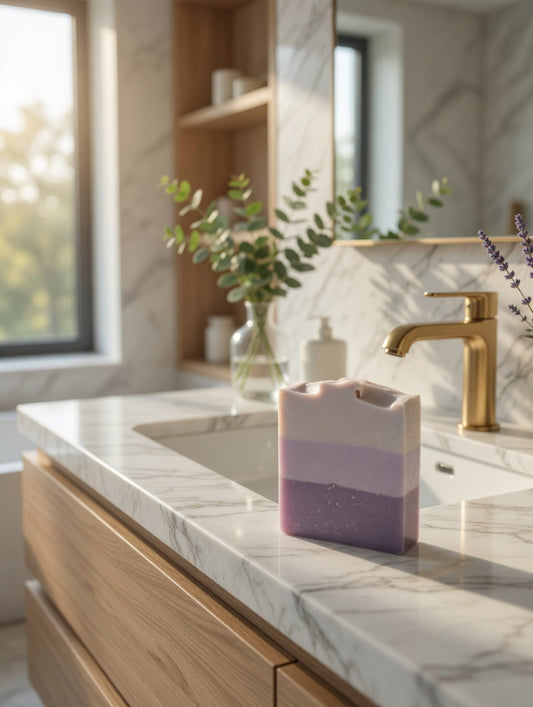 Three-toned purple and white Peaceful Lavender cold process soap bar on a marble counter with gold fixtures