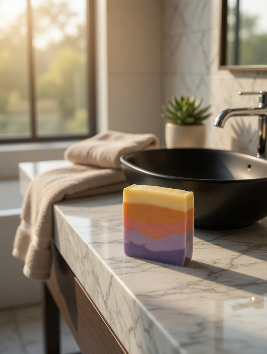 Layered orange, pink, and purple Phoenix soap bar on a marble vanity next to a black vessel sink