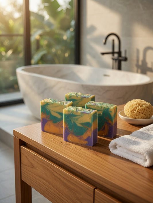 Group of four Pineapple Papaya soap bars with vibrant teal, orange, and purple swirls on a wooden vanity