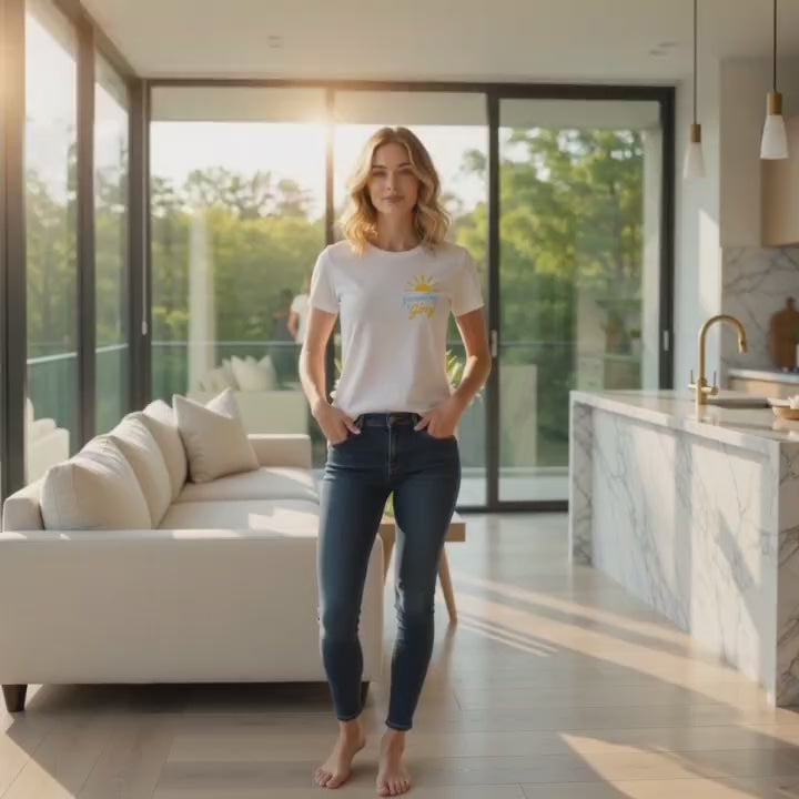 Front and back, blonde woman, modern apartment, solid White Blend Morning Glory t-shirt with small sun logo front and large flower graphic back video