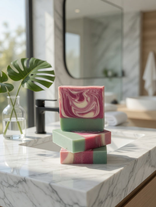 Pink and green layered Rosehip & Jasmine Morning Glory soap bar on a white marble sink in a bright bathroom