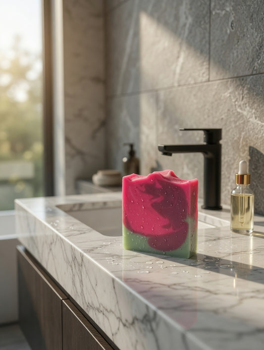 Bright pink and green Strawberry Splash soap bar with water droplets on a marble counter next to a black faucet