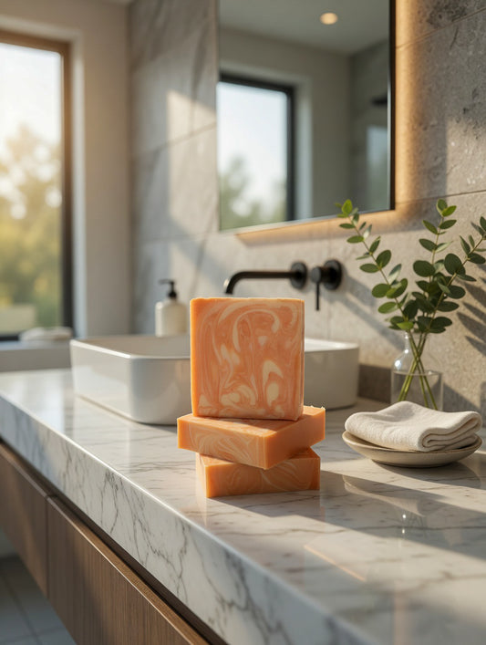 Stacked orange and white swirled Sunny D soap bars on a marble countertop in a sunlit bathroom