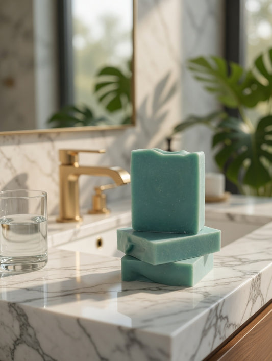 Solid teal Volcano cold process soap bars stacked on a marble bathroom vanity with gold fixtures
