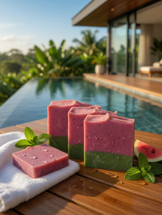 Pink and green layered Watermelon Sugar soap bars with mint leaves and a watermelon slice by a luxury pool