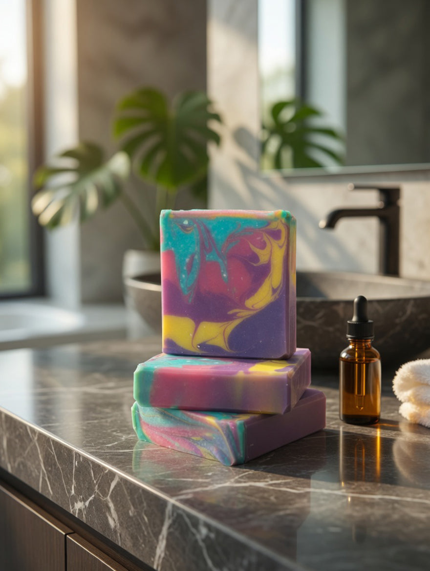 Vibrant purple, teal, and yellow swirled Wild Thyme soap bar stacked on a dark marble bathroom countertop