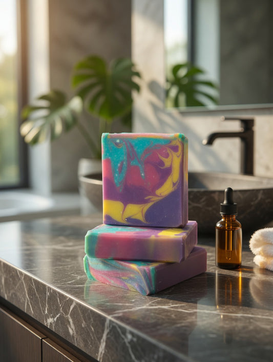 Vibrant purple, teal, and yellow swirled Wild Thyme soap bar stacked on a dark marble bathroom countertop