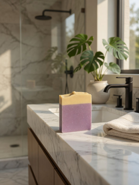 Two-toned purple and pale yellow Wildflower Honey cold process soap bar on a white marble counter